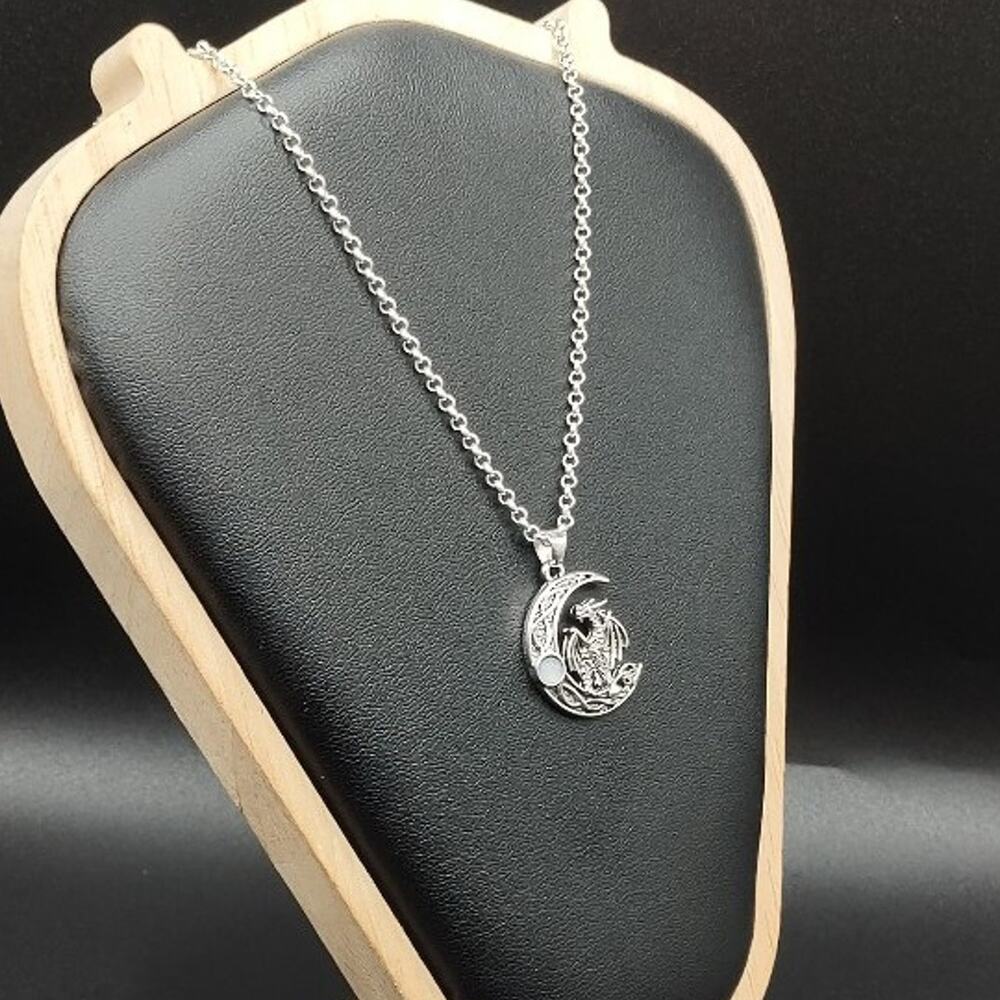 925 Sterling Silver Necklace W/ Dragon Moon Women's Moonstone Celtic BOHO Gift